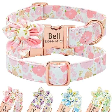 Senristar Personalized Floral Dog Collar with Engraved Gold Buckle