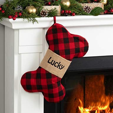 Personalized Planet Buffalo Plaid Dog Bone Christmas Stocking